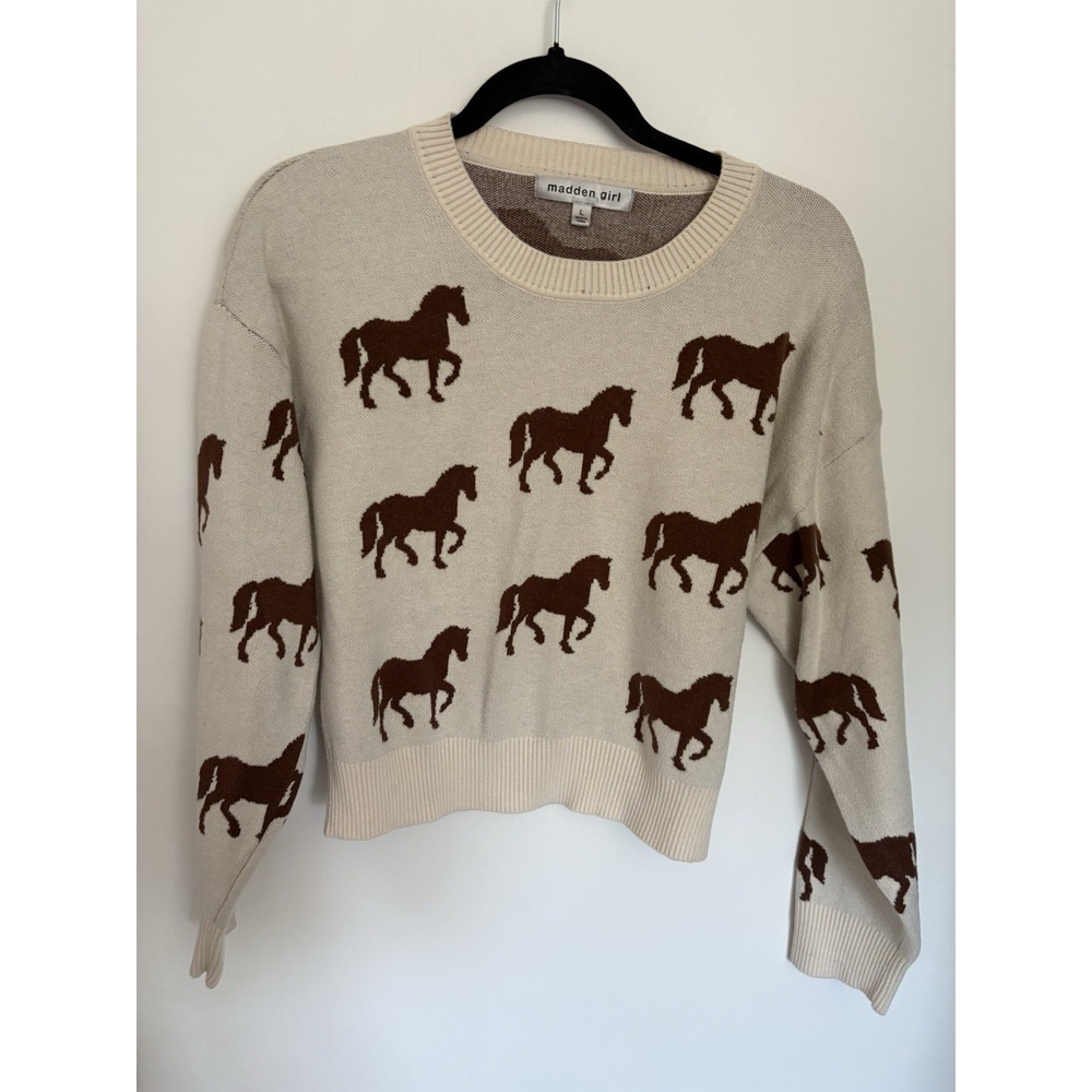 Madden Girl Cream Horse Print Knit Sweater Coastal Cowgirl Western Large